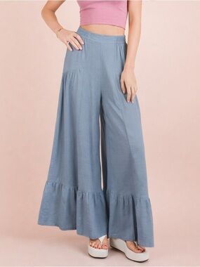 Light Blue Wide Leg Ruffle Hem Pants